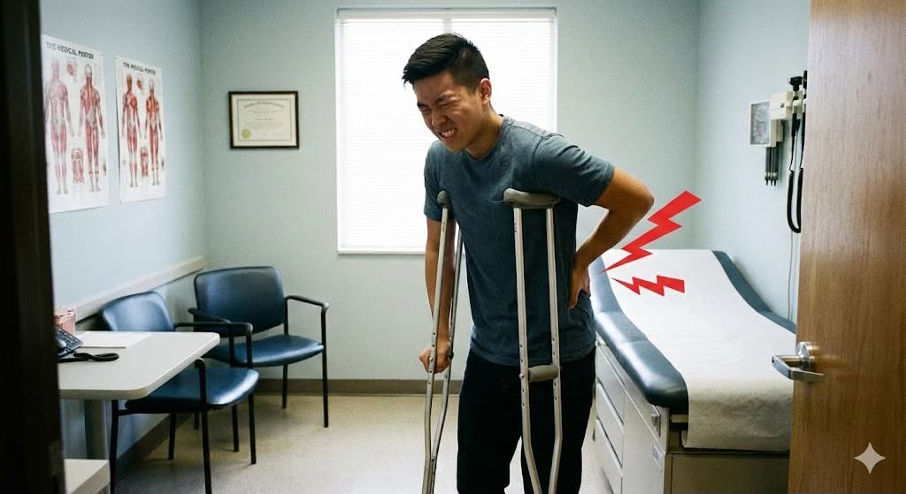 男子扶著腰部、使用拐杖的腰痛情境示意圖