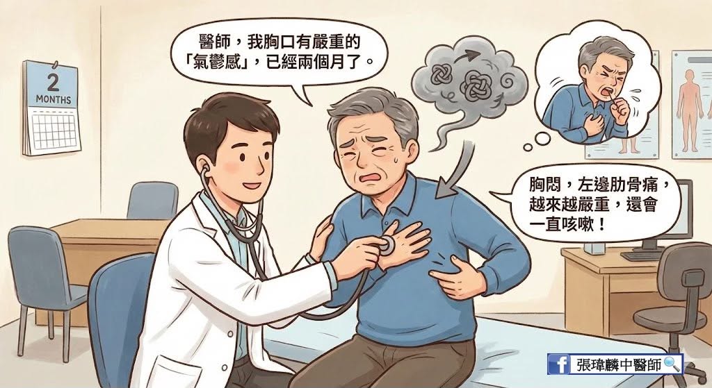 醫師評估一位胸悶、肋骨疼痛與咳嗽患者的情境插圖