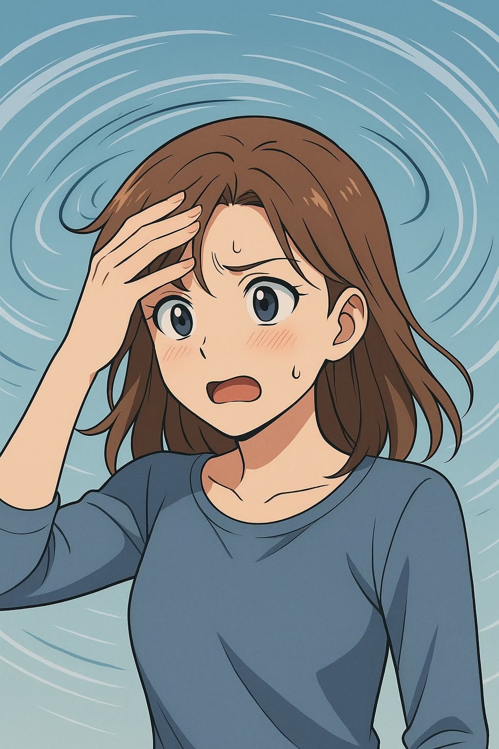 人物扶著額頭，周圍以旋轉線條表達頭暈的插畫