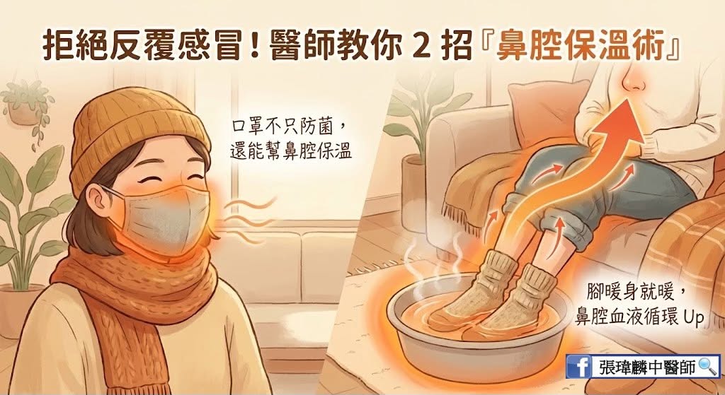 戴口罩與足部保暖的情境插圖